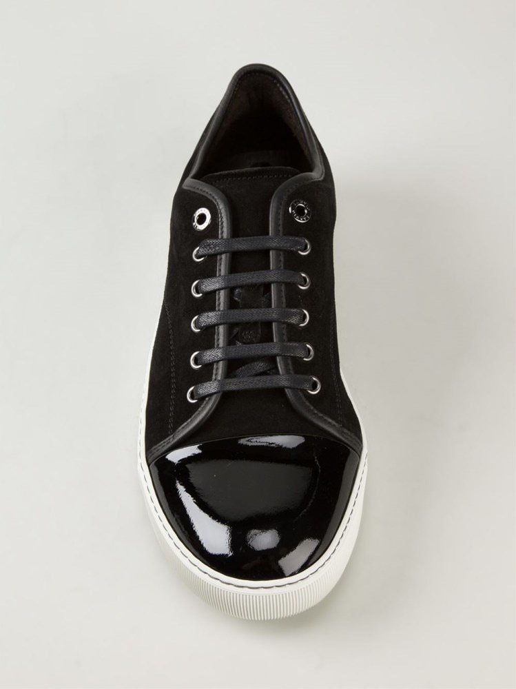 Lanvin Panelled Patent-leather And Velvet Low-top Trainers In Black