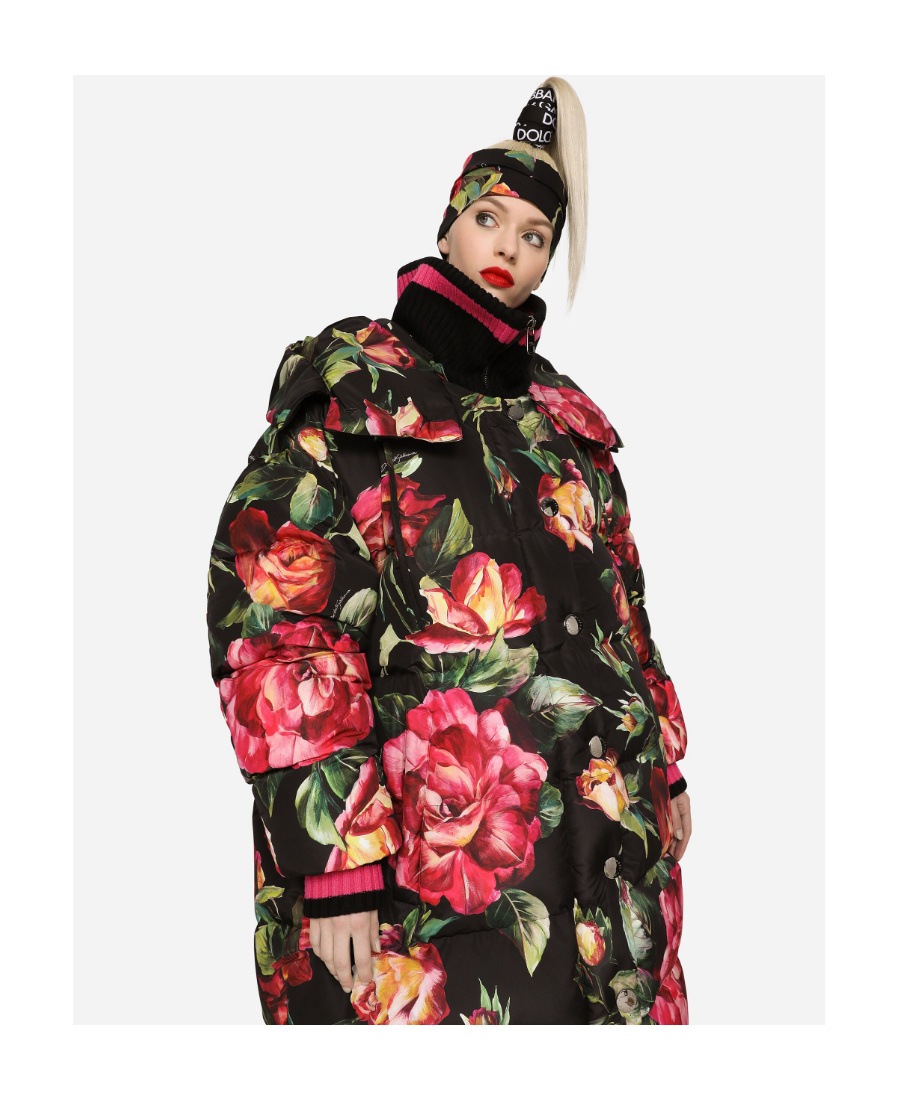 Dolce & Gabbana Floral-printed High-neck Long Coat In Black
