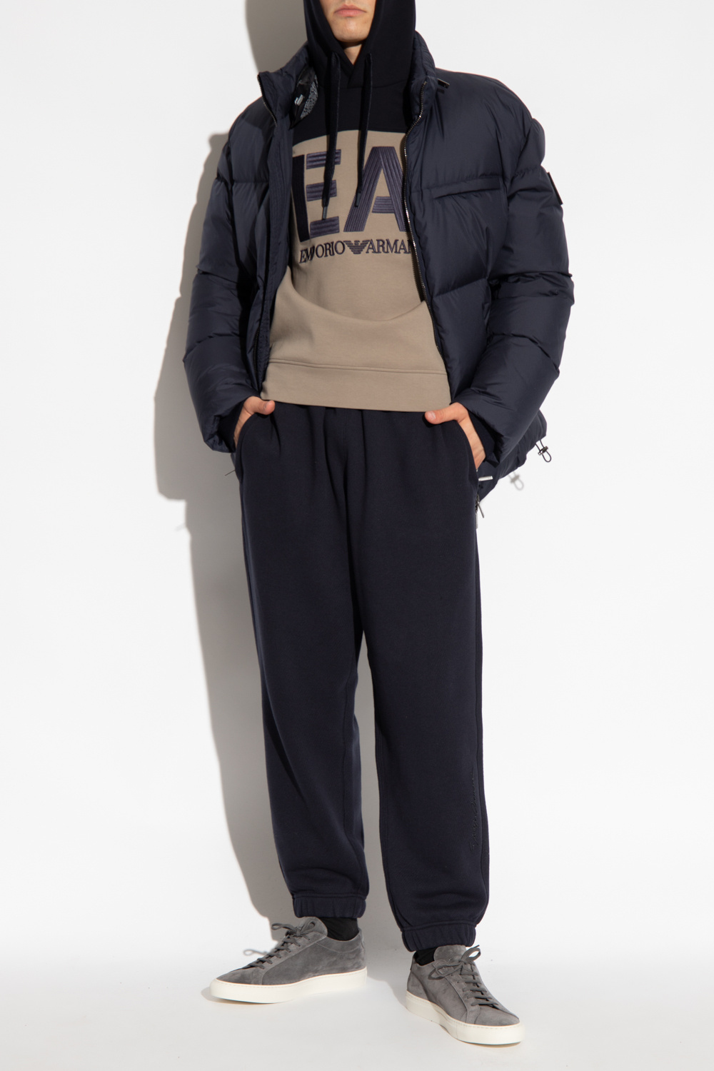 Emporio Armani Logo-embroidered Colour-block Hoodie In Nude