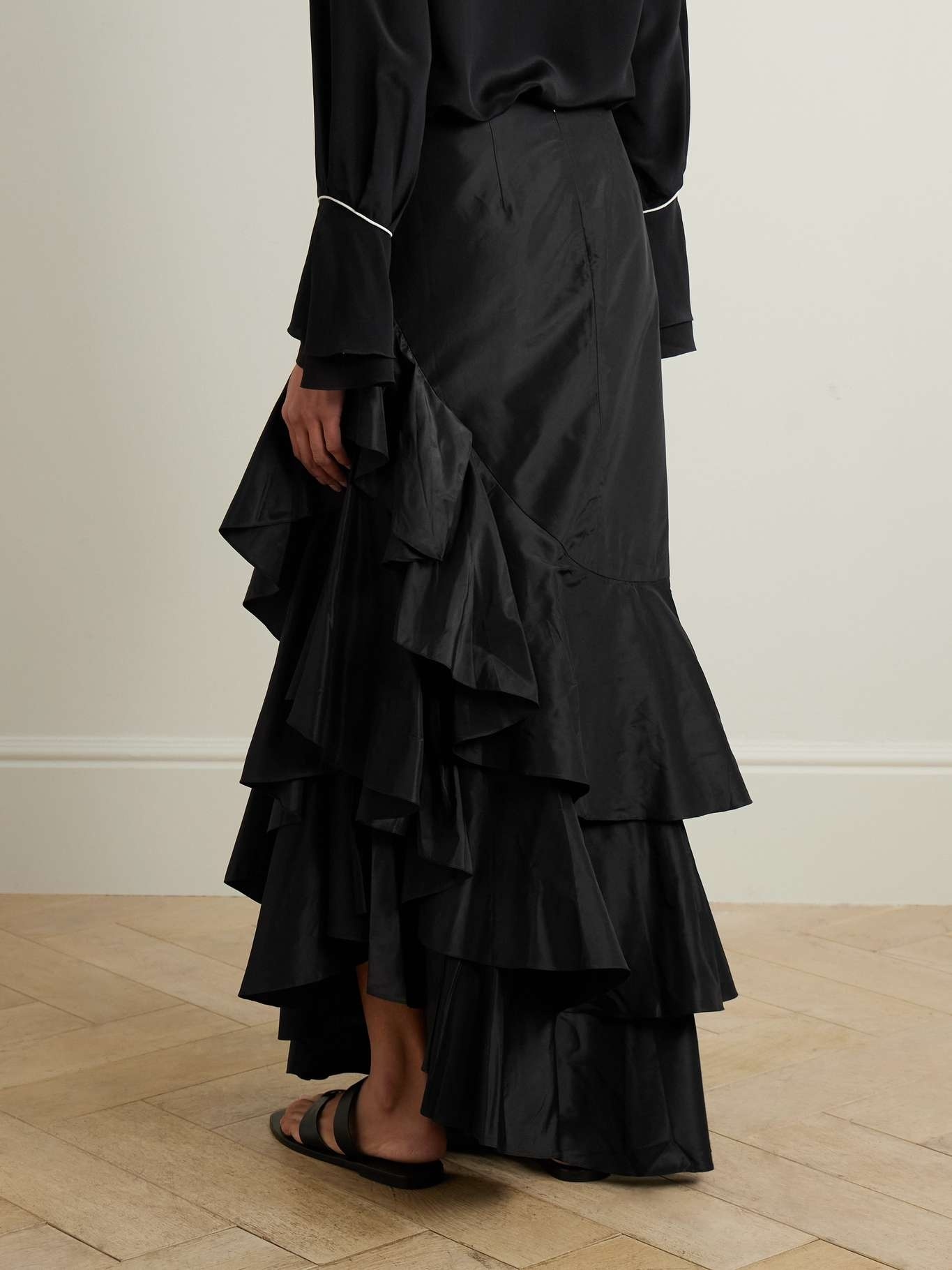 Johanna Ortiz Spirit Of Exploration Ruffled Silk Maxi Skirt In Black
