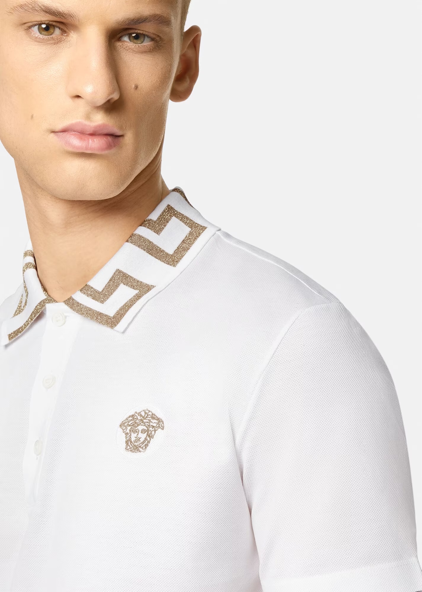 Versace Men Greca Polo Shirt With Short Sleeves In White