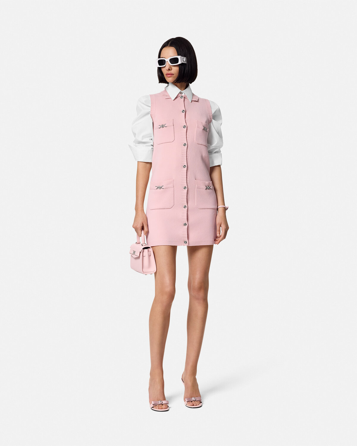 Versace Cashmere-blend Shift Knit Mini Dress In Pink