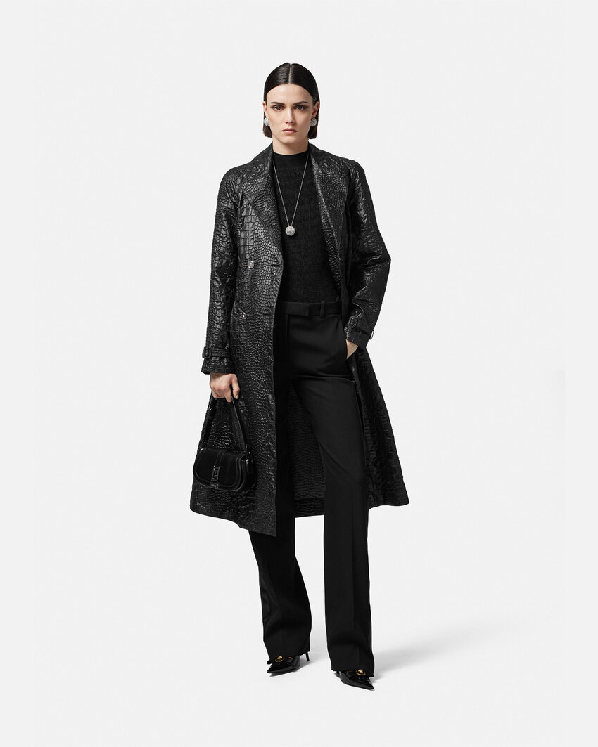 Versace Belted Techno Lacquered Crocodile-coquet Trench Coat In Black