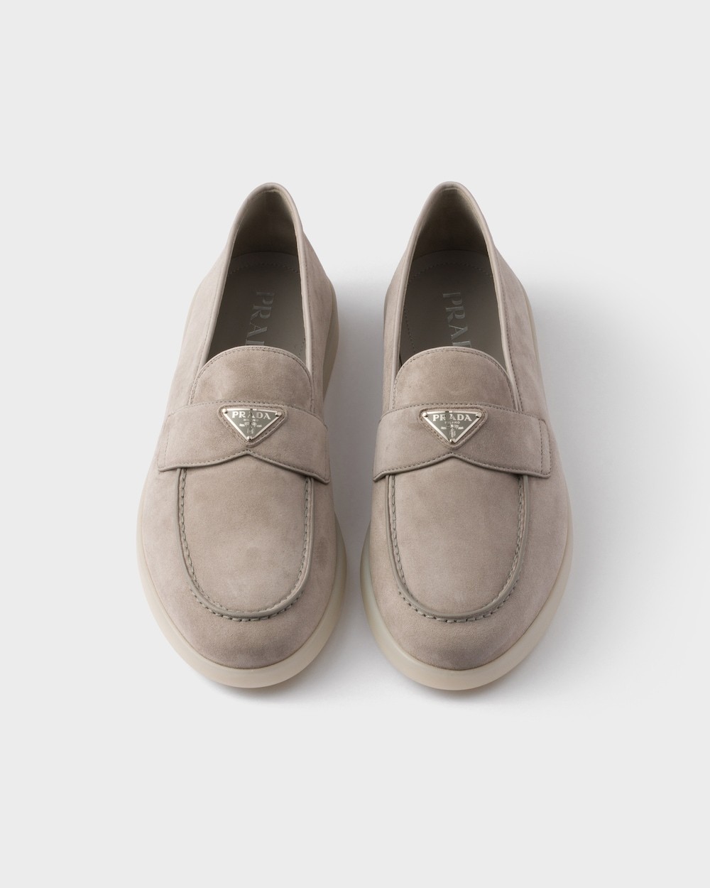 Prada Wildleder-loafer Mit Emailliertem Triangel-logo In Gray