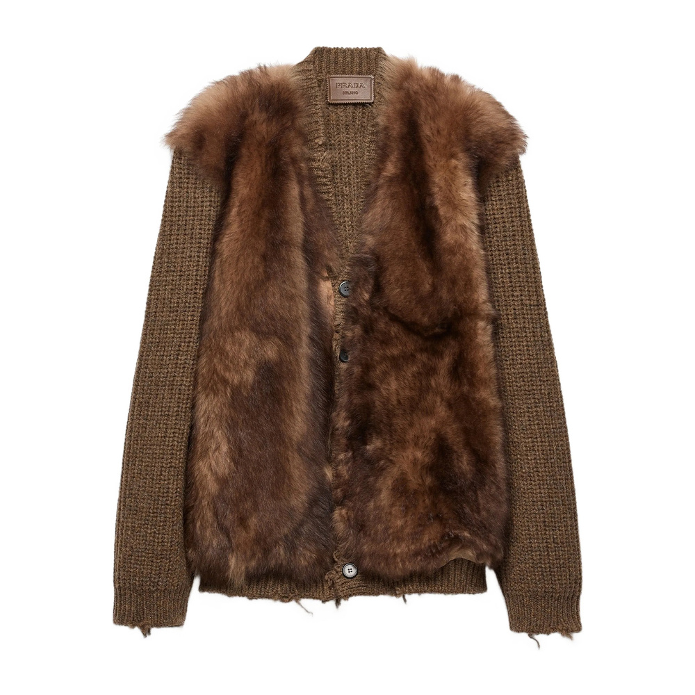 Prada Shearling-trimmed Wool Cardigan In Brown