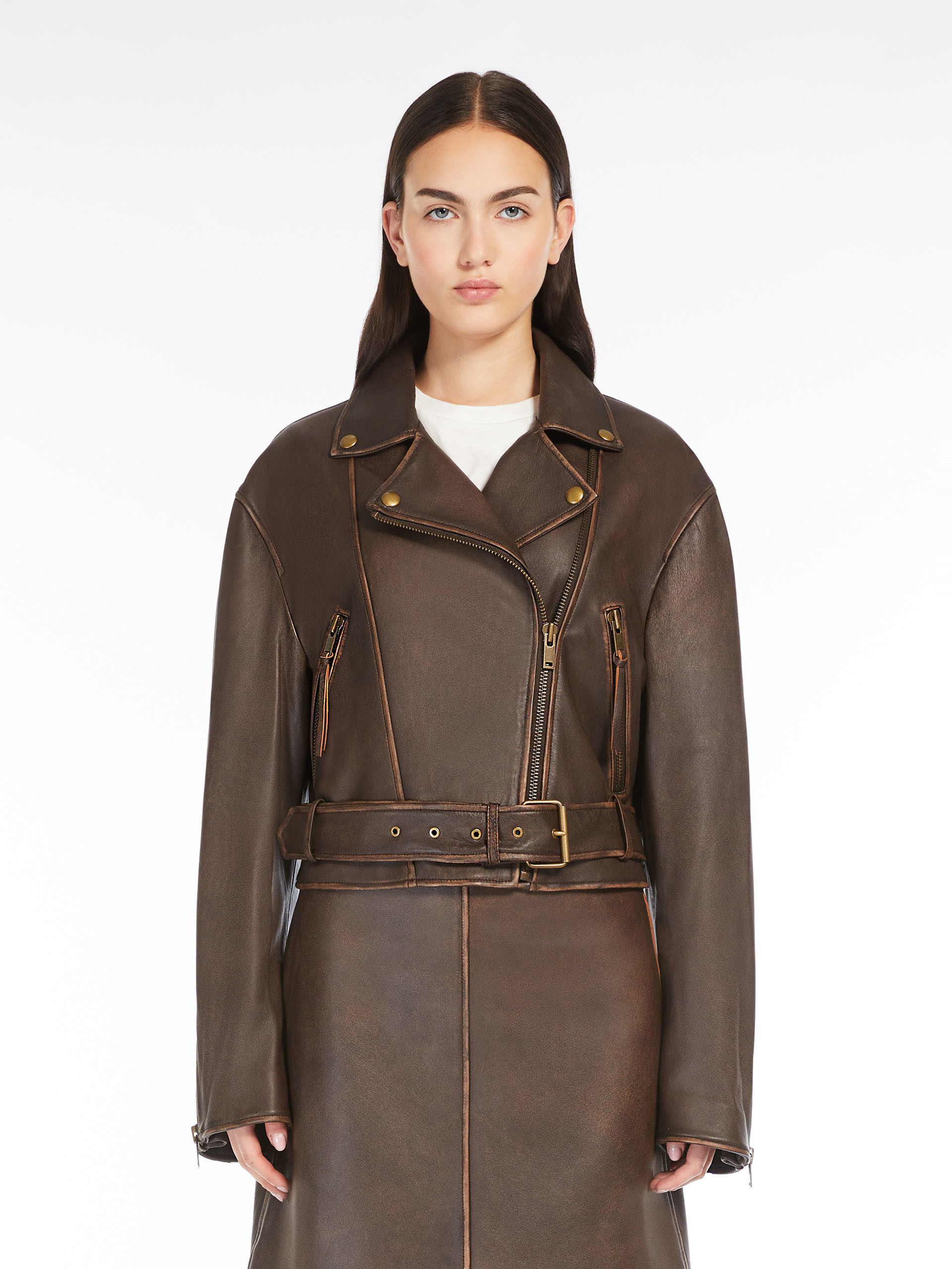 Weekend Max Mara Leather Motorcycle Jacket In Brown