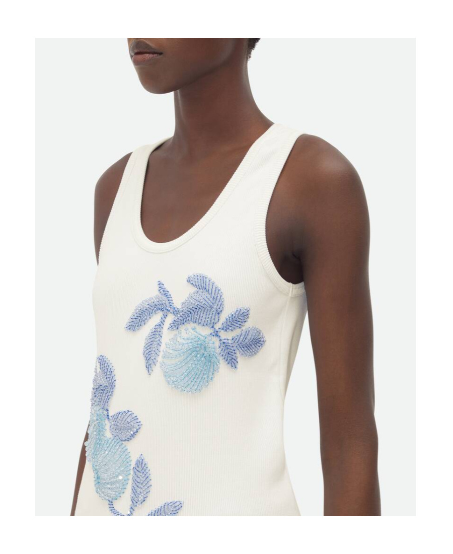 Bottega Veneta Ribbed Cotton Tank Top With Beaded Embroidery In White