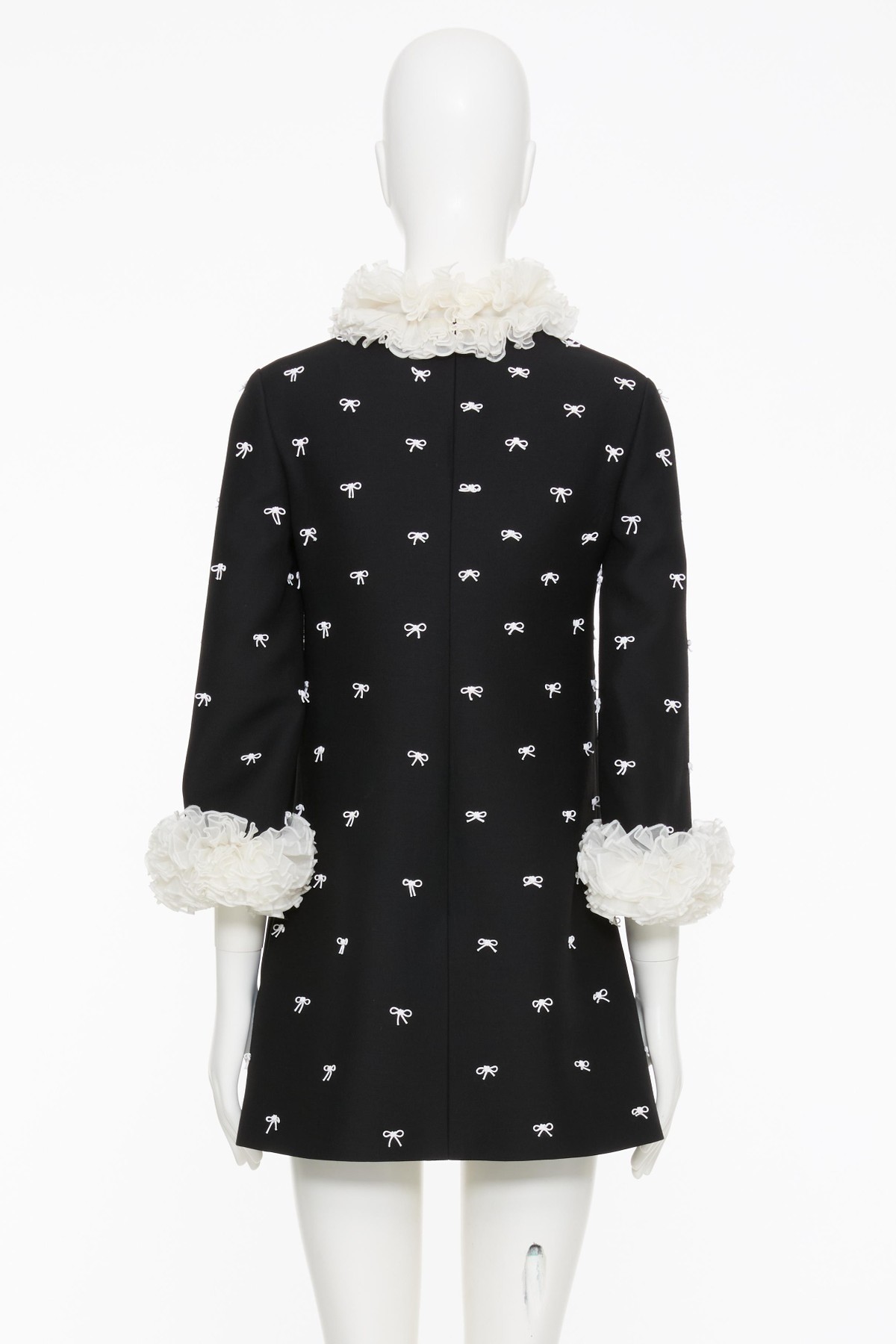 Valentino Ruffled Bow-detailed Embellished Mesh-trimmed Wool And Silk-blend Crepe Mini Dress In Black