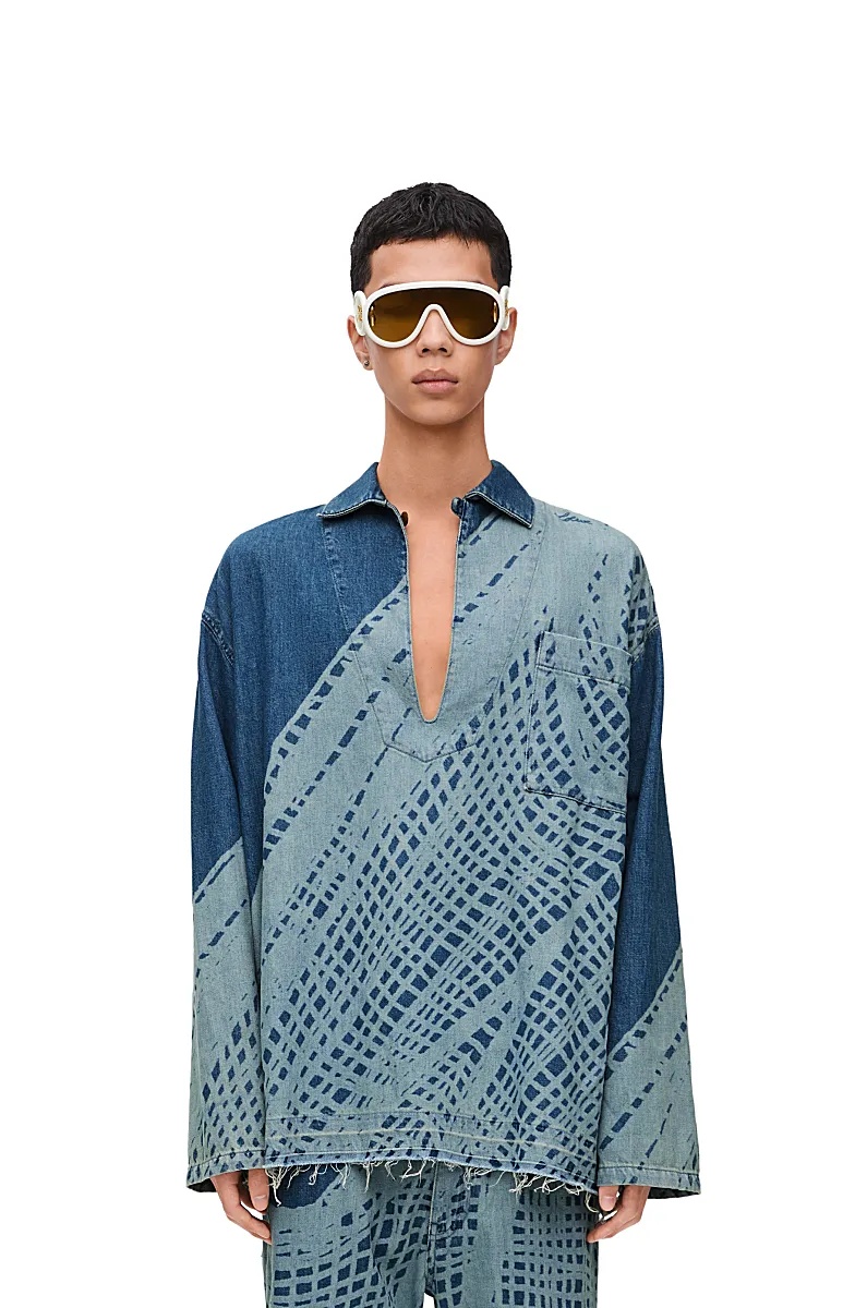 Loewe Printed Half-zip Denim Coat In Blue
