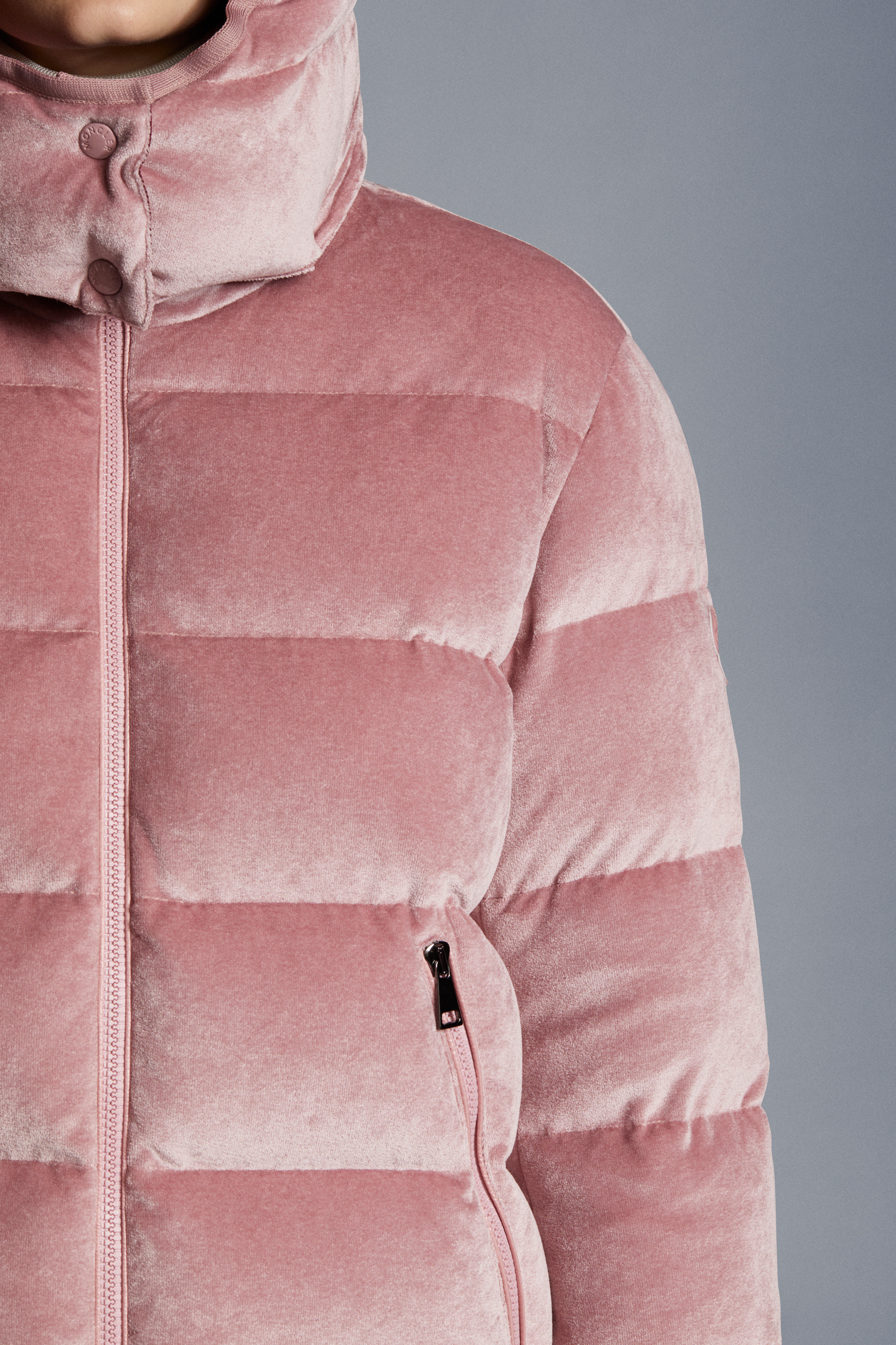 Moncler Holostee Velvet Puffer Jacket In Pink