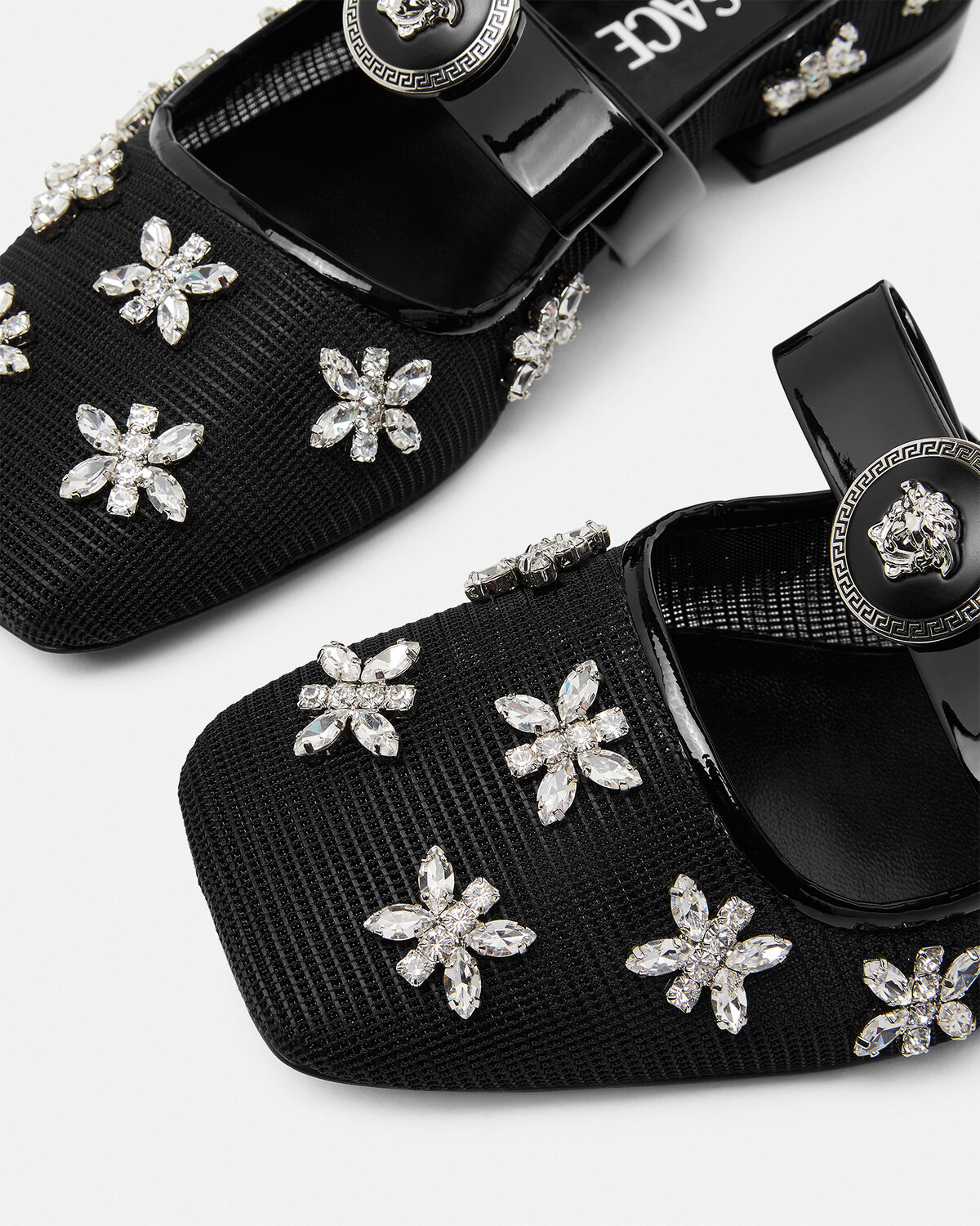 Versace 20mm Net & Crystals Ballerina Flats In Black