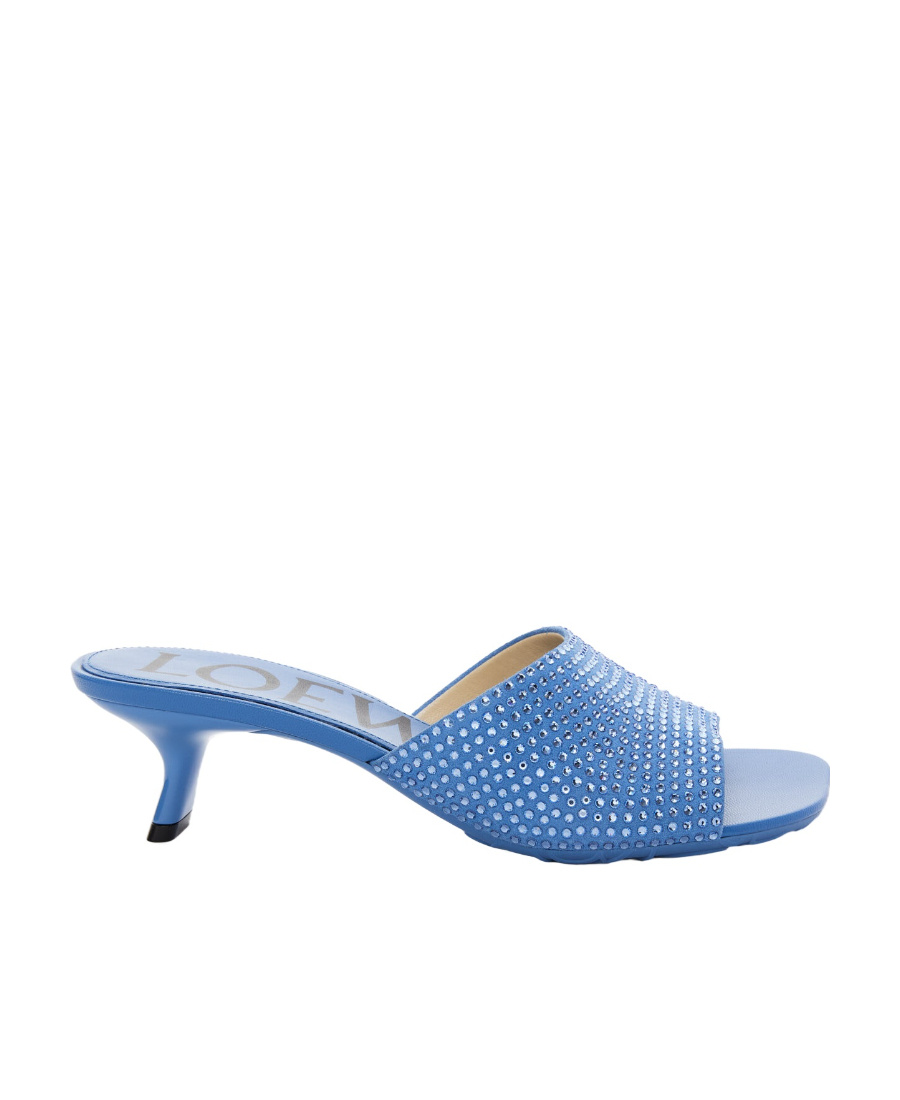 Loewe Petal Kitten Heel Slide In Suede And Crystals In Blue