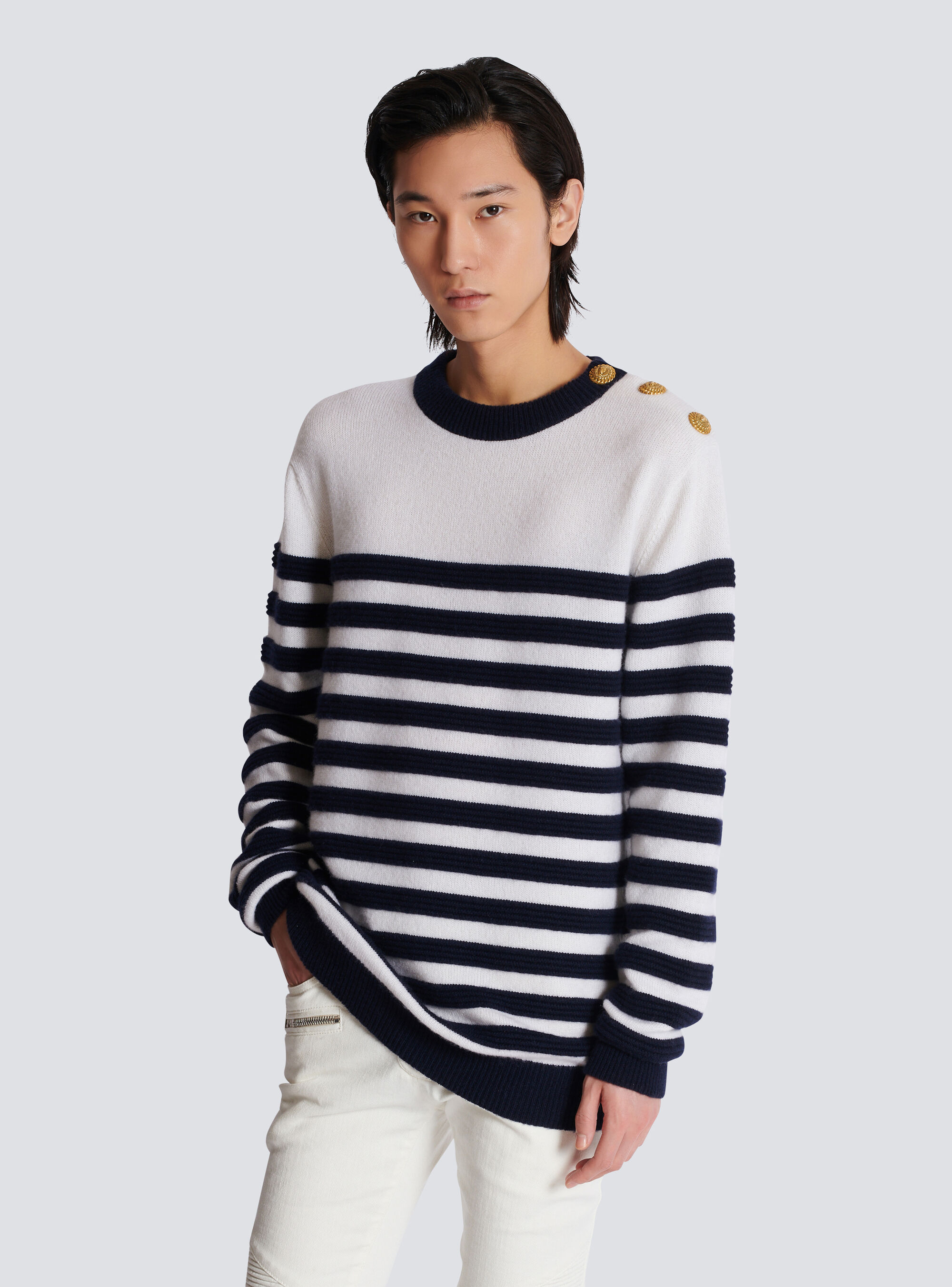 Balmain Button-detail Striped Cashmere Jumper In White