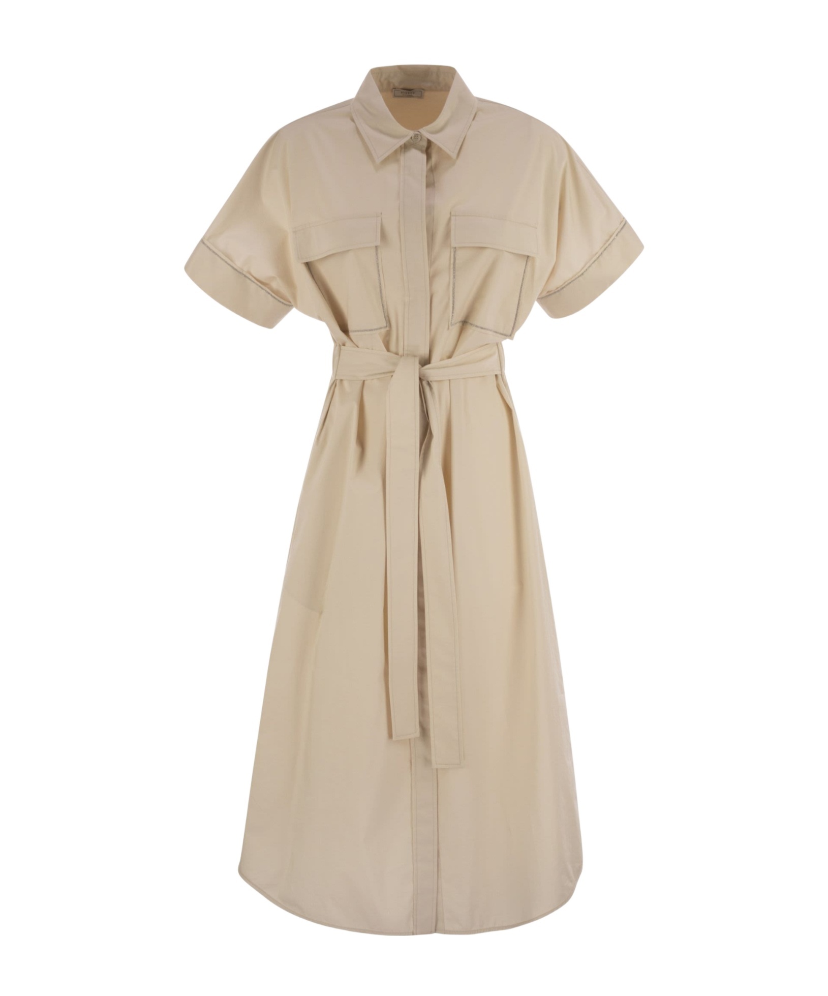 Peserico Dress Chest Pockets Short Sleeves Waist Tie