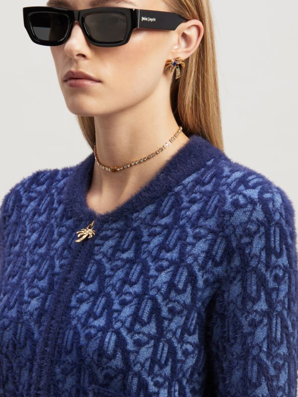Palm Angels Round-collar And Long-sleeved Knitted Cardigan In Blue