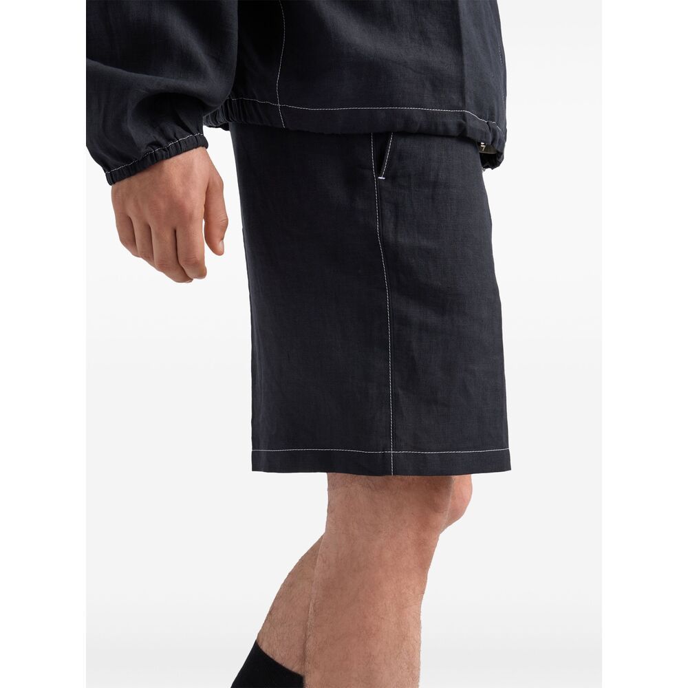 Prada Mens Black Triangle-logo Tailored Linen Bermuda Shorts In Black