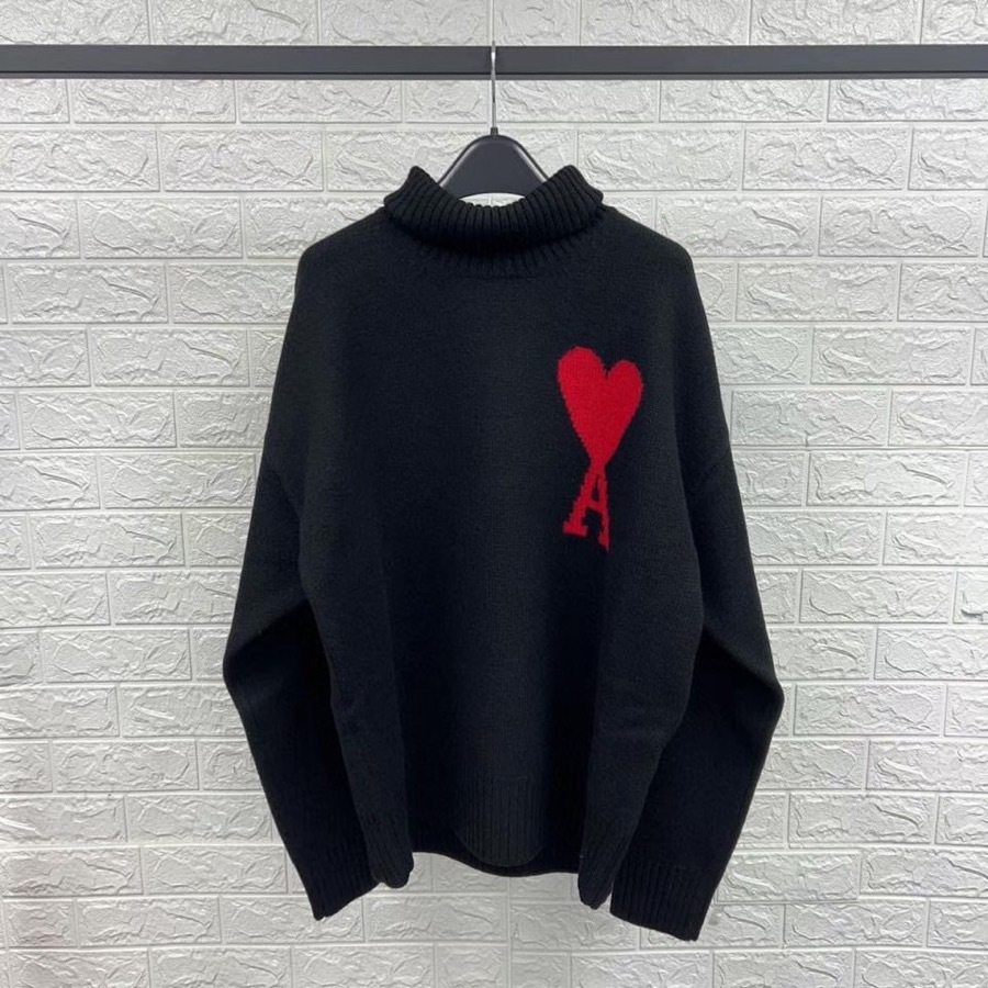 Ami Alexandre Mattiussi Ami Paris Funnel-neck Sweater With Heart Intarsia Design In Black