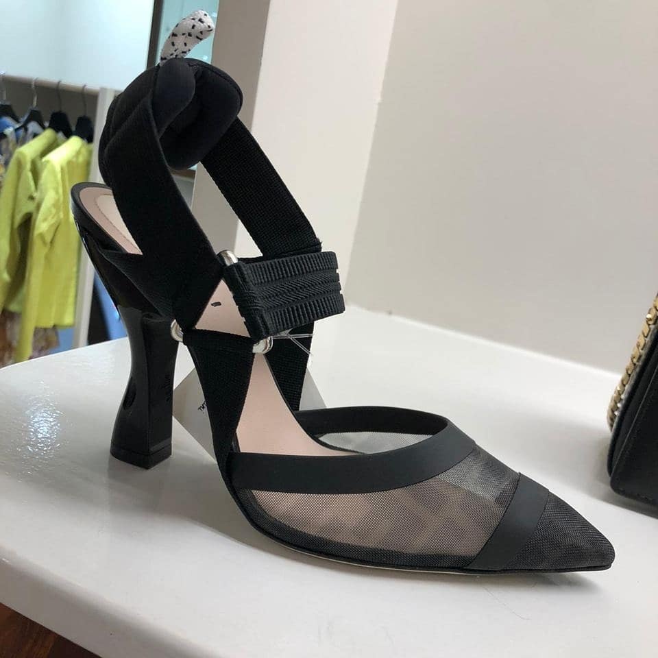 FENDI BLACK LEATHER AND MESH, HIGH-HEELED SLINGBACKS 