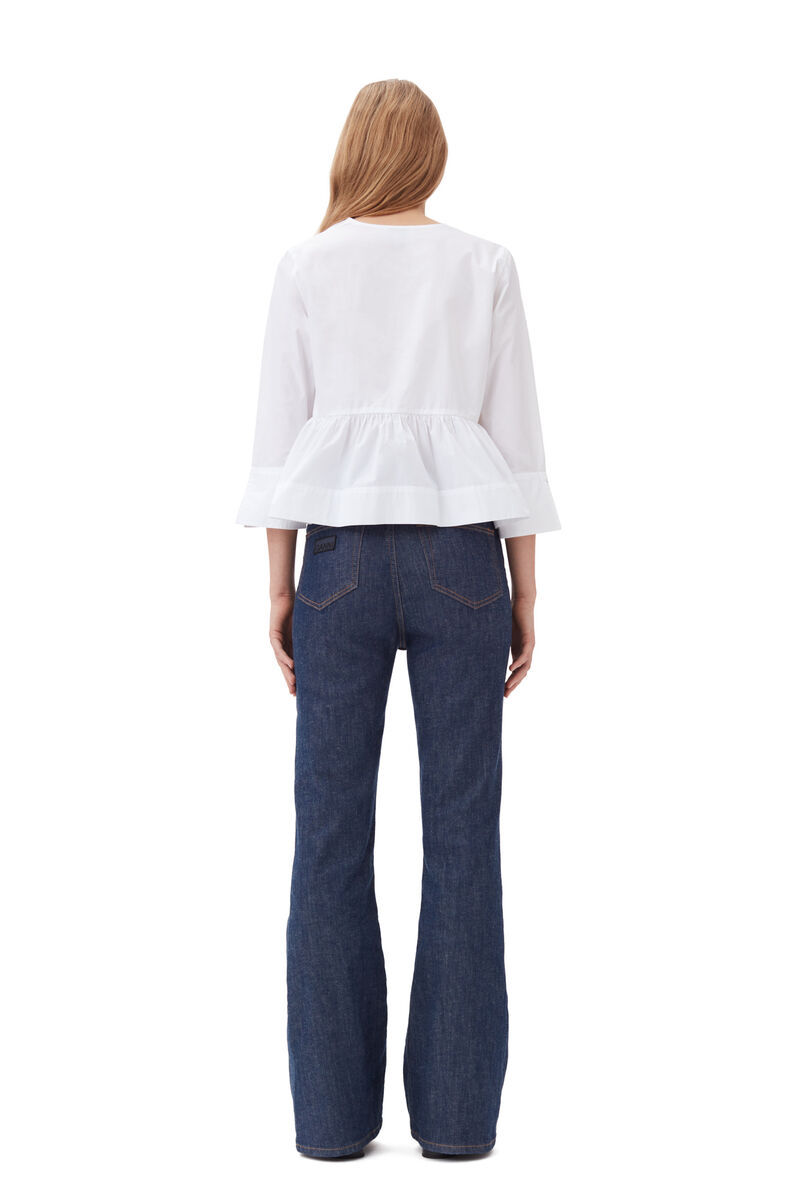 Ganni Bow-detailed Cotton-poplin Peplum Blouse In White