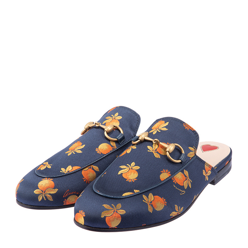 Gucci Horse Title Buckle Fruit Printed Muller Shoes In Blue