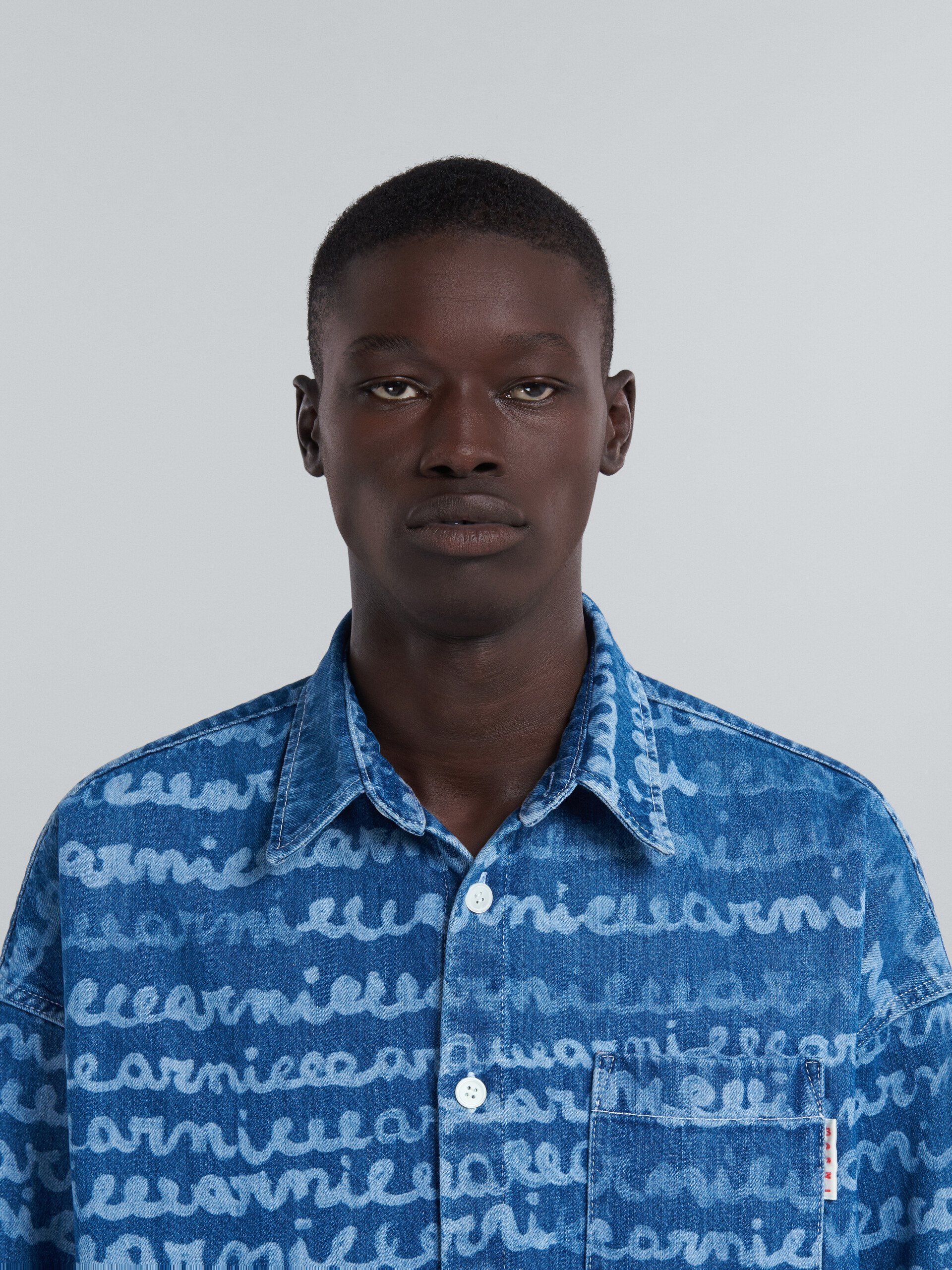 Marni Handwriting-print Denim Shirt In Blue