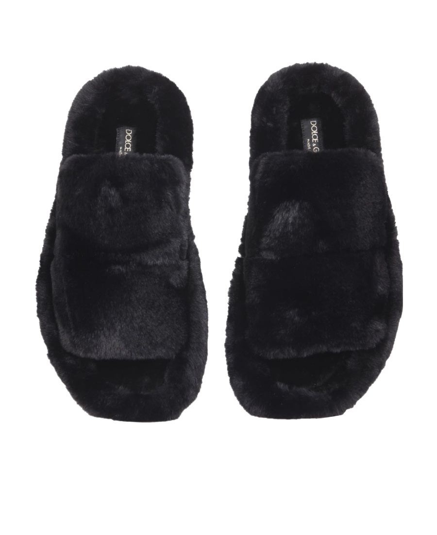 Dolce & Gabbana Faux Fur Slides In Black
