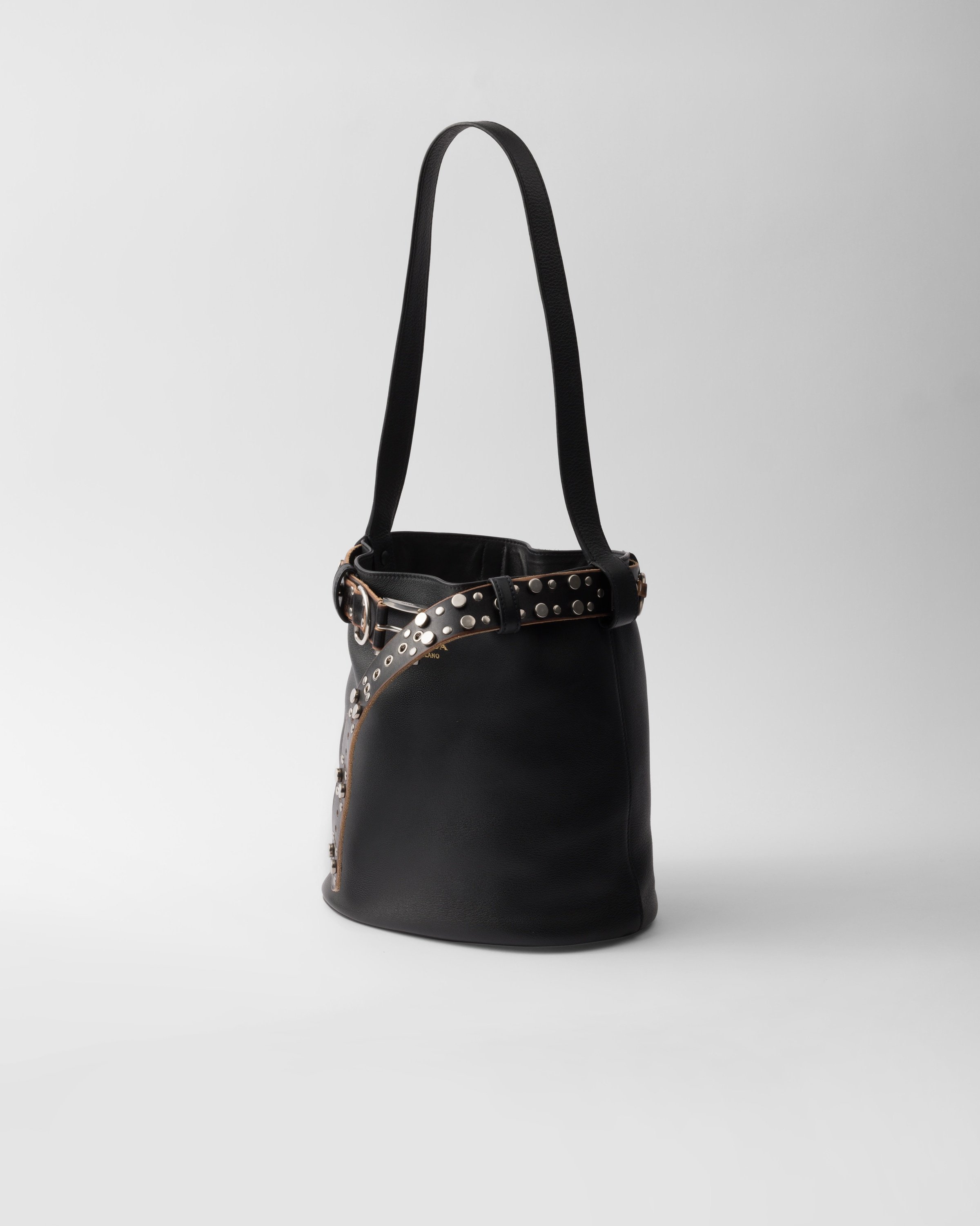 Prada Studded Belt Leather Bucket Bag In Black