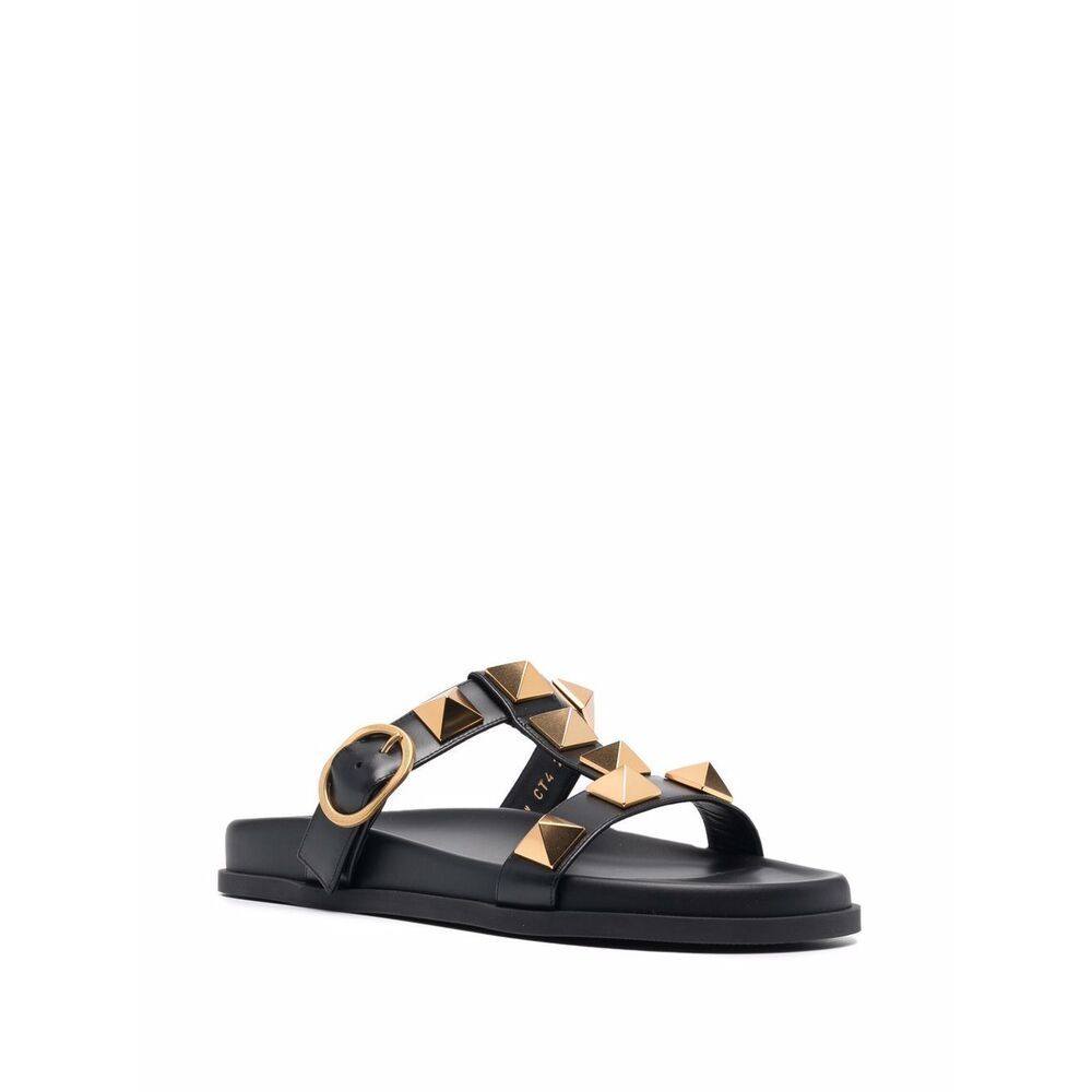 Valentino Roman Stud Leather Slides In Black