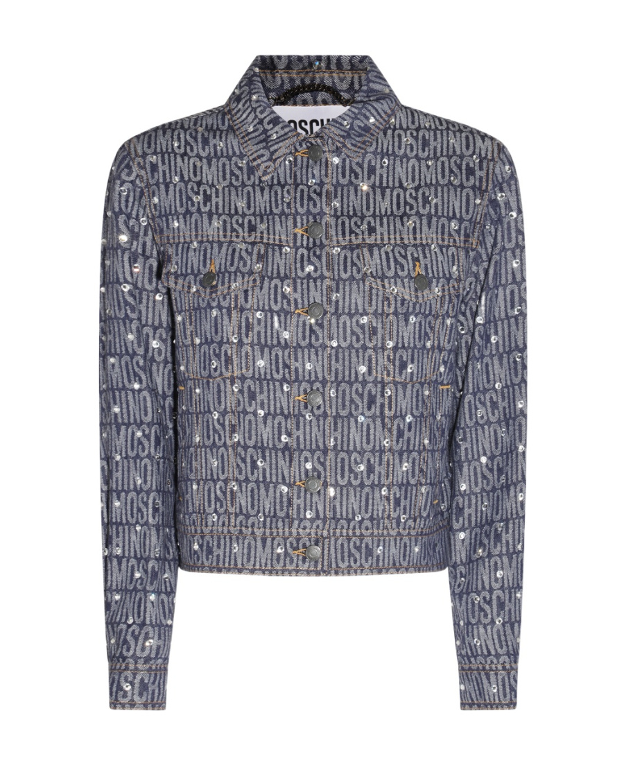 Moschino Allover Logo Rhinestone Button-up Jacket In Gray