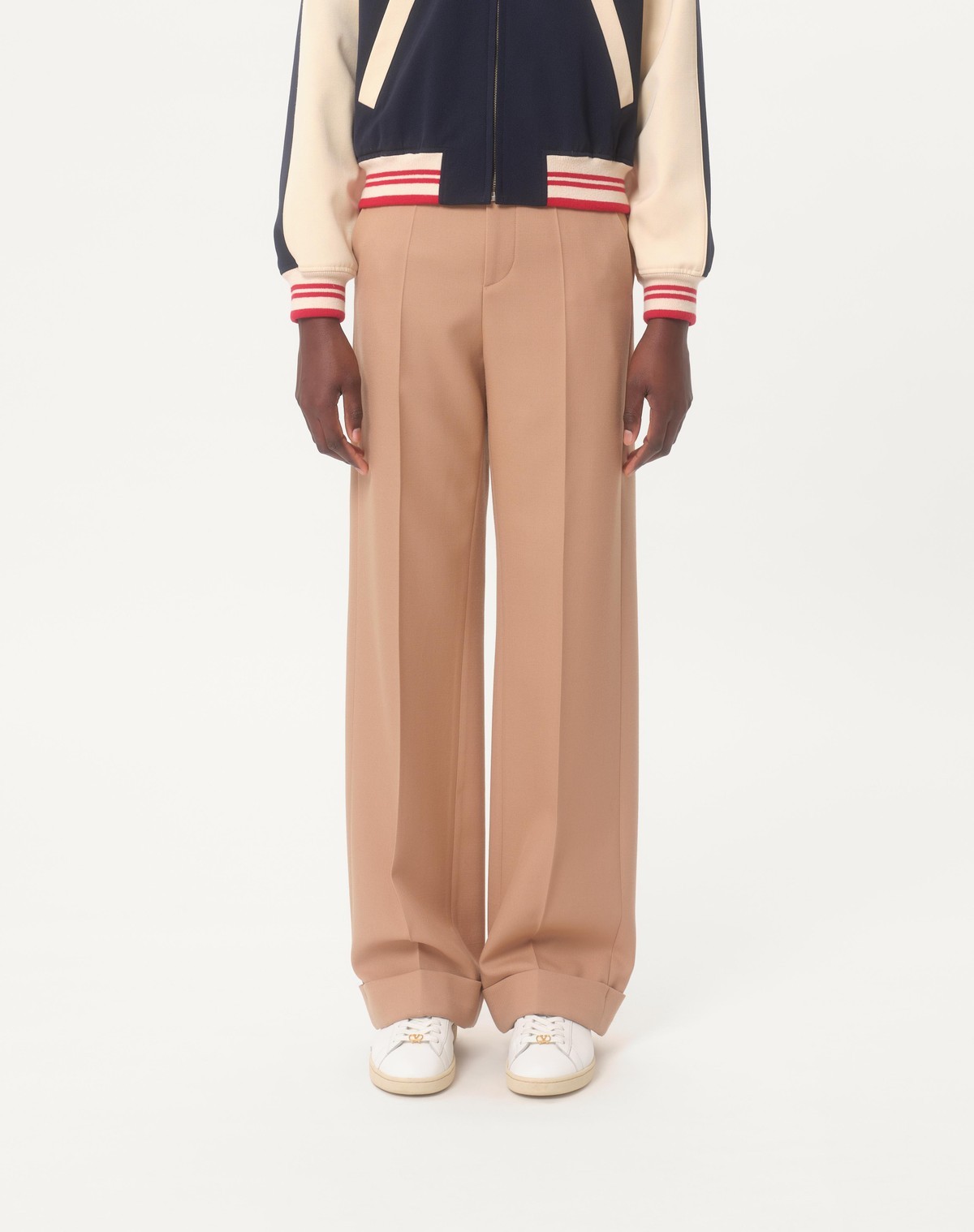Valentino Wide-leg Trousers With Cuffed Hem And Pleats In Nude