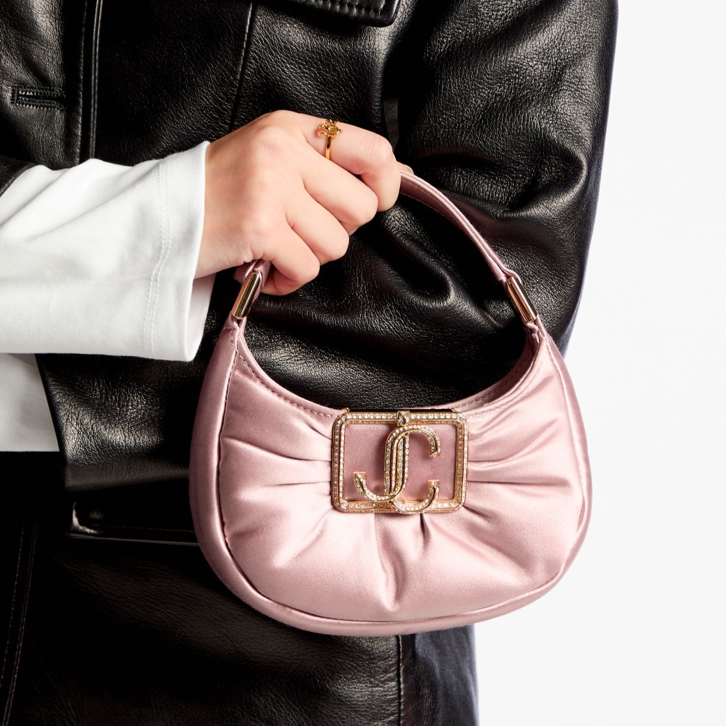 Jimmy Choo Edie Mini Embellished Ruched Satin Shoulder Bag In Rose/light Gold