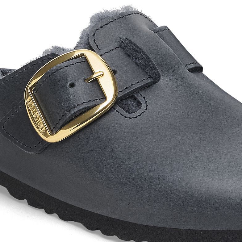 Birkenstock Boston Big Buckle Shearling Mules In Black