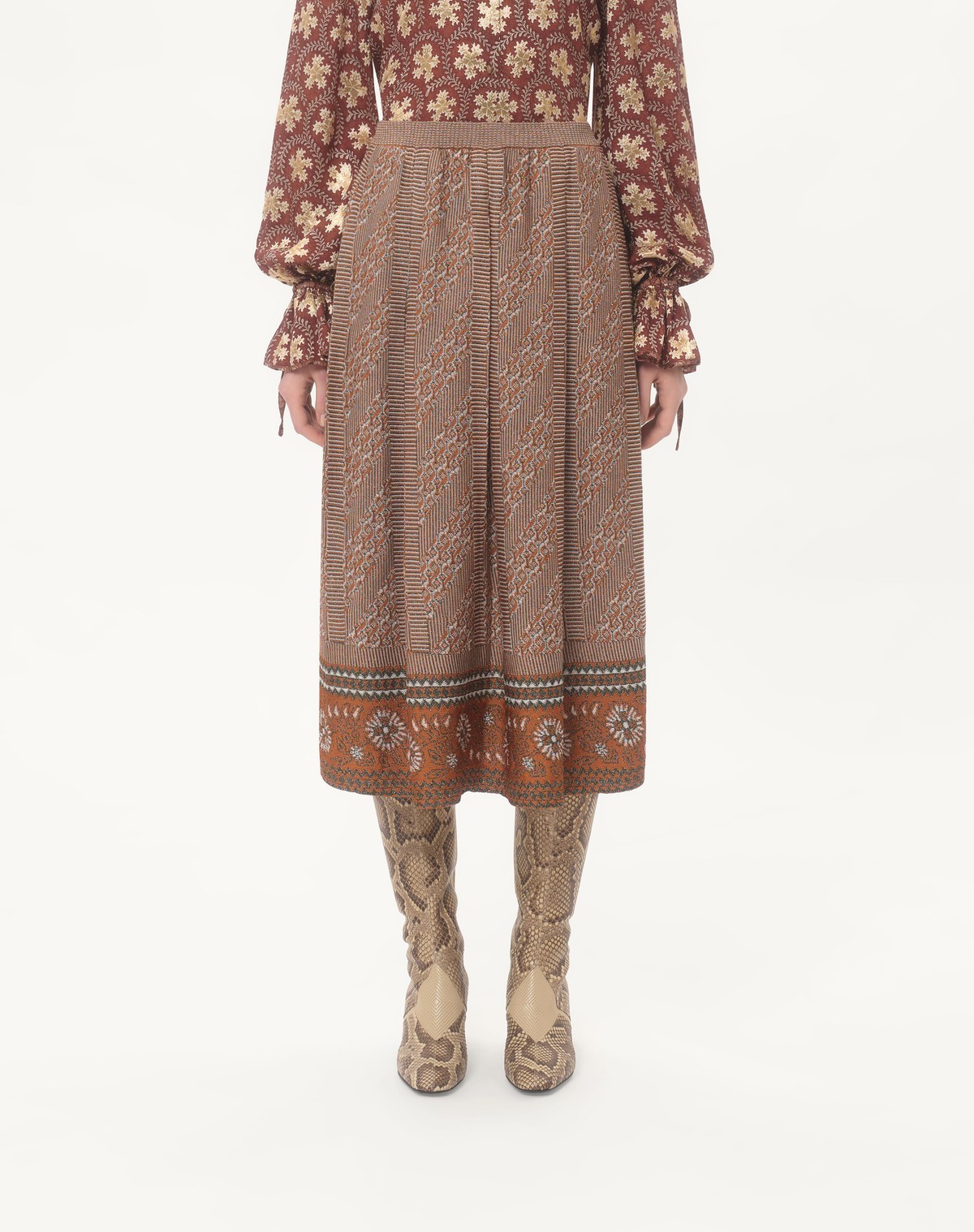 Valentino Knit Lurex Midi Skirt In Brown