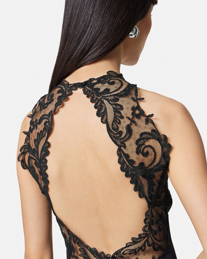 Versace Barocco-lace Trim Halterneck Minidress In Black