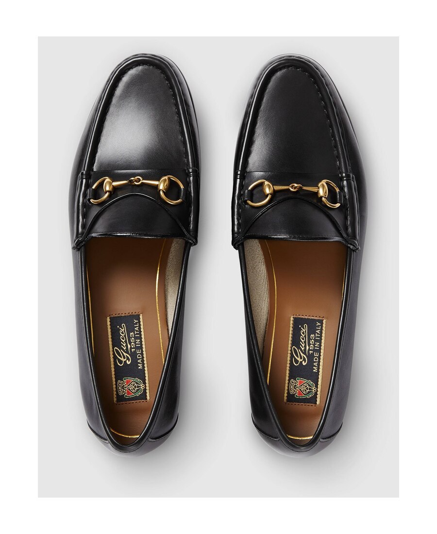 Gucci Women Black Calf Leather Moc Stitching Signature Horsebit Detail Almond Toe Slip-on Style Bran In Black