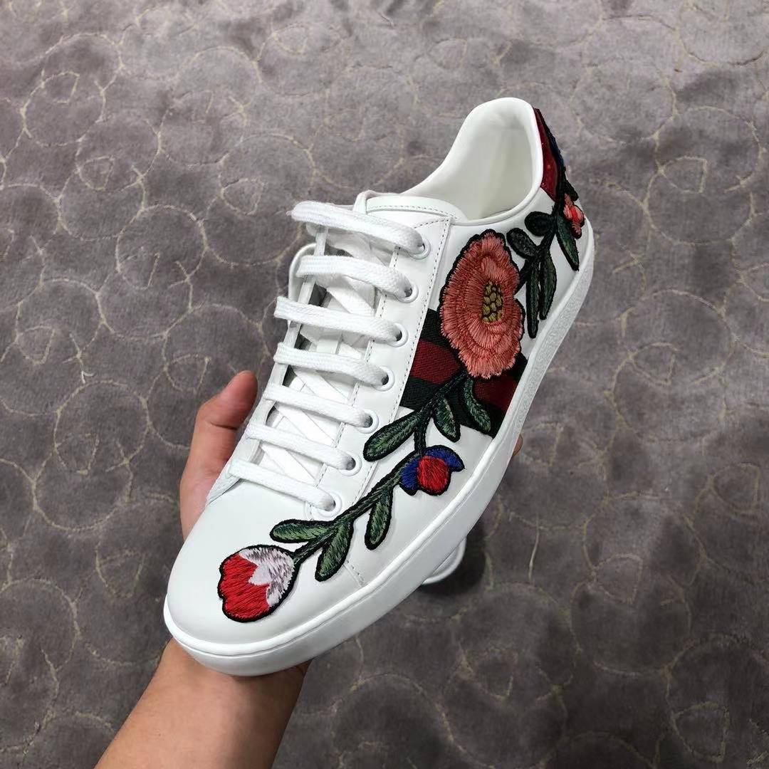 Shop Gucci Ace Flower Embroidery Casual Sneakers In White