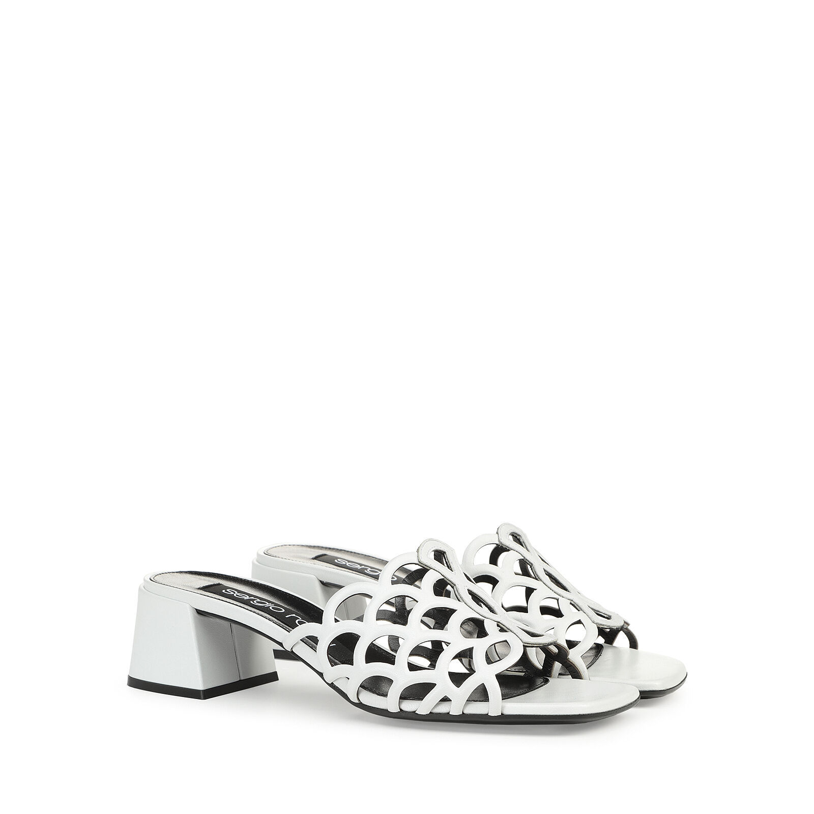 Sergio Rossi Low Block Heel Mules With Openwork Detail In White