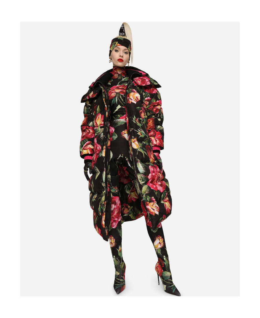Dolce & Gabbana Floral-printed High-neck Long Coat In Black