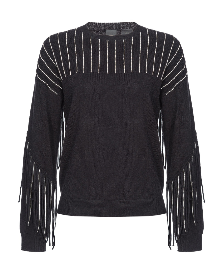 Pinko Crystal-embellished Fringed Jumper In Black