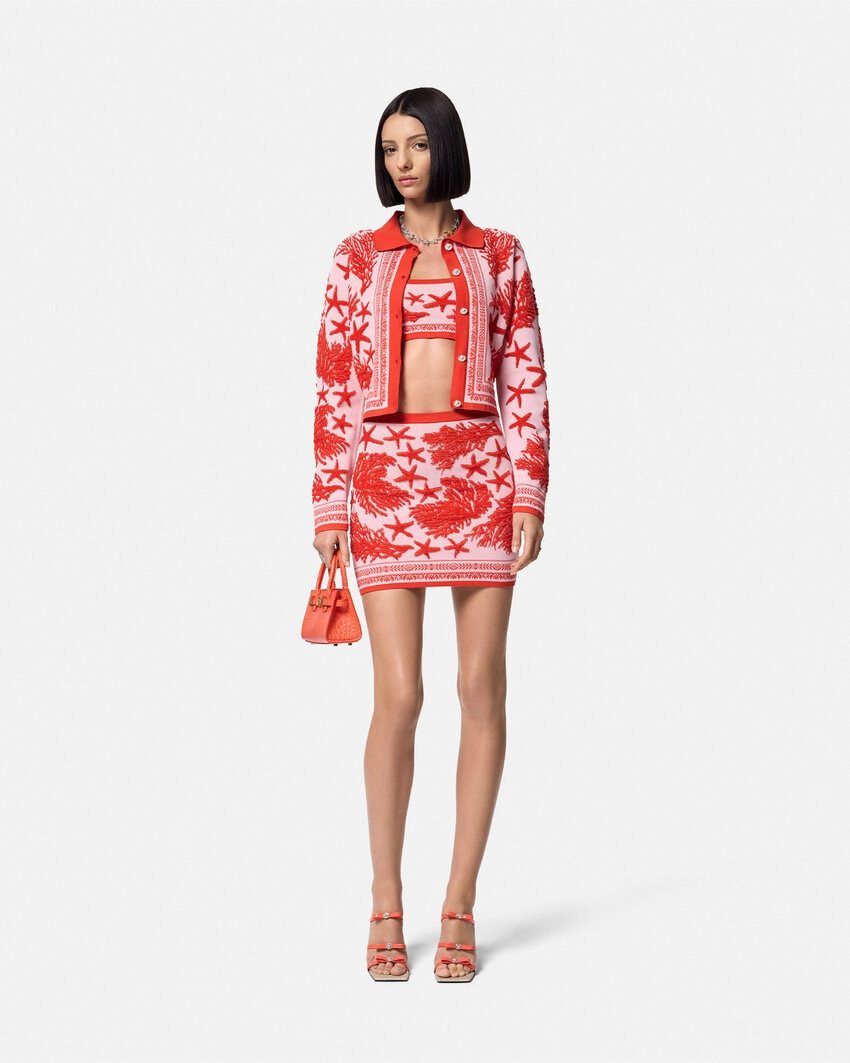 Versace Tresor De La Mer Towel-stitch Jacquard Knit Crop Top In Red