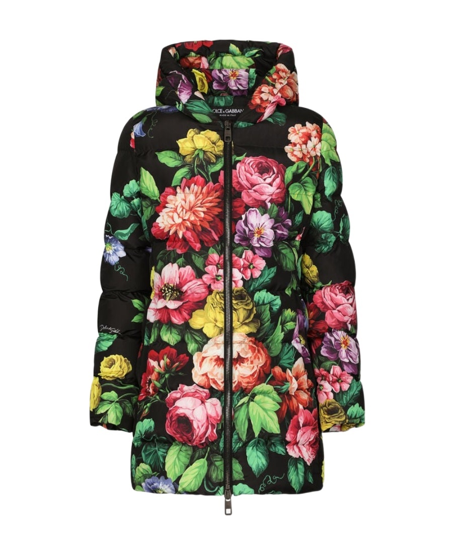 Dolce & Gabbana Floral-print Zip-up Padded Coat In Black