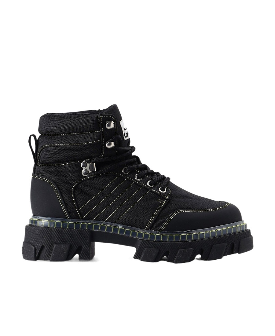 Ganni 50mm Recycled Fabric Hiking Boots In Black