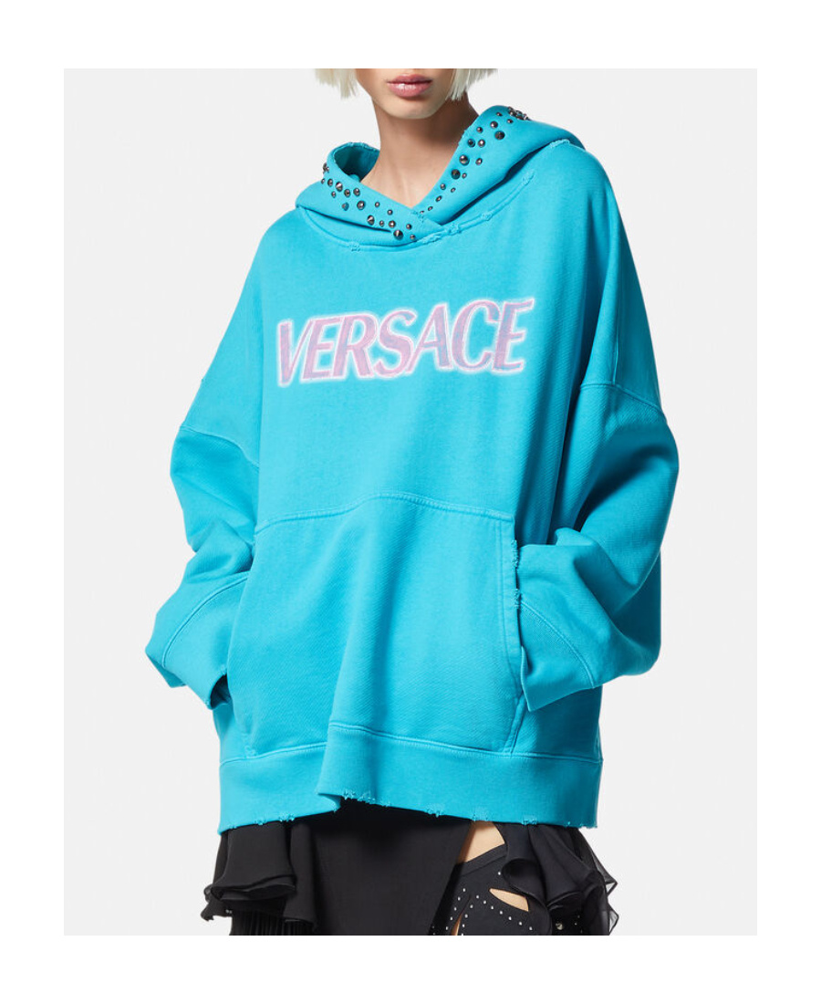 Versace Logo-print Detail Hoodie In Blue