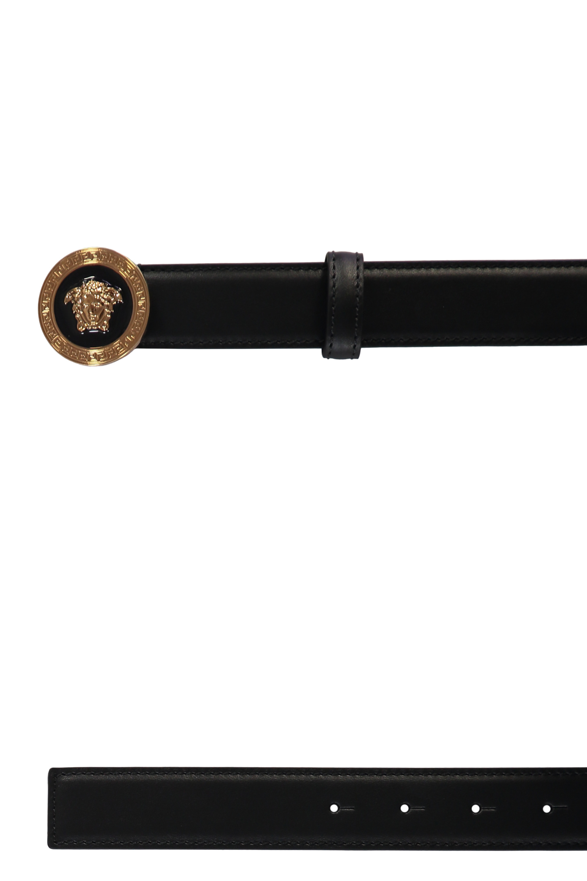 Versace Medusa Streamlined Leather Belt With Adjustable Length And Gold-tone Buckle In Black