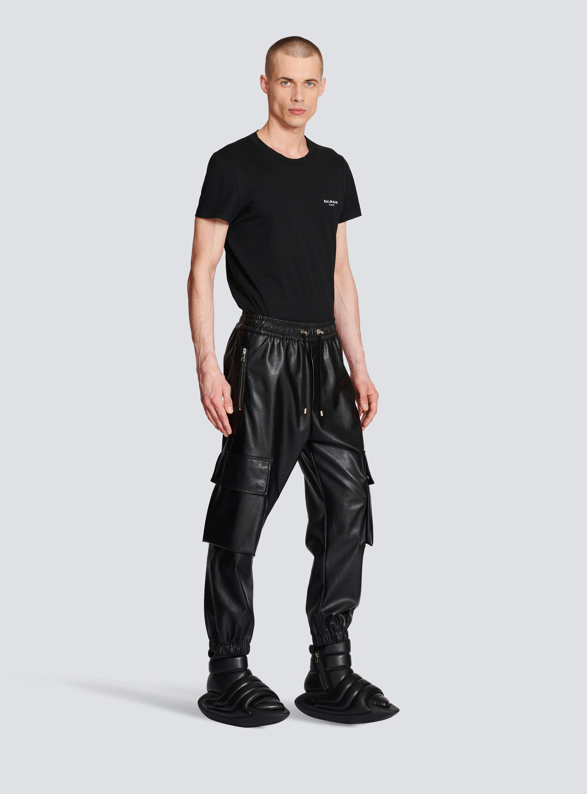 Balmain Vegan Leather Cargo Trousers In Black