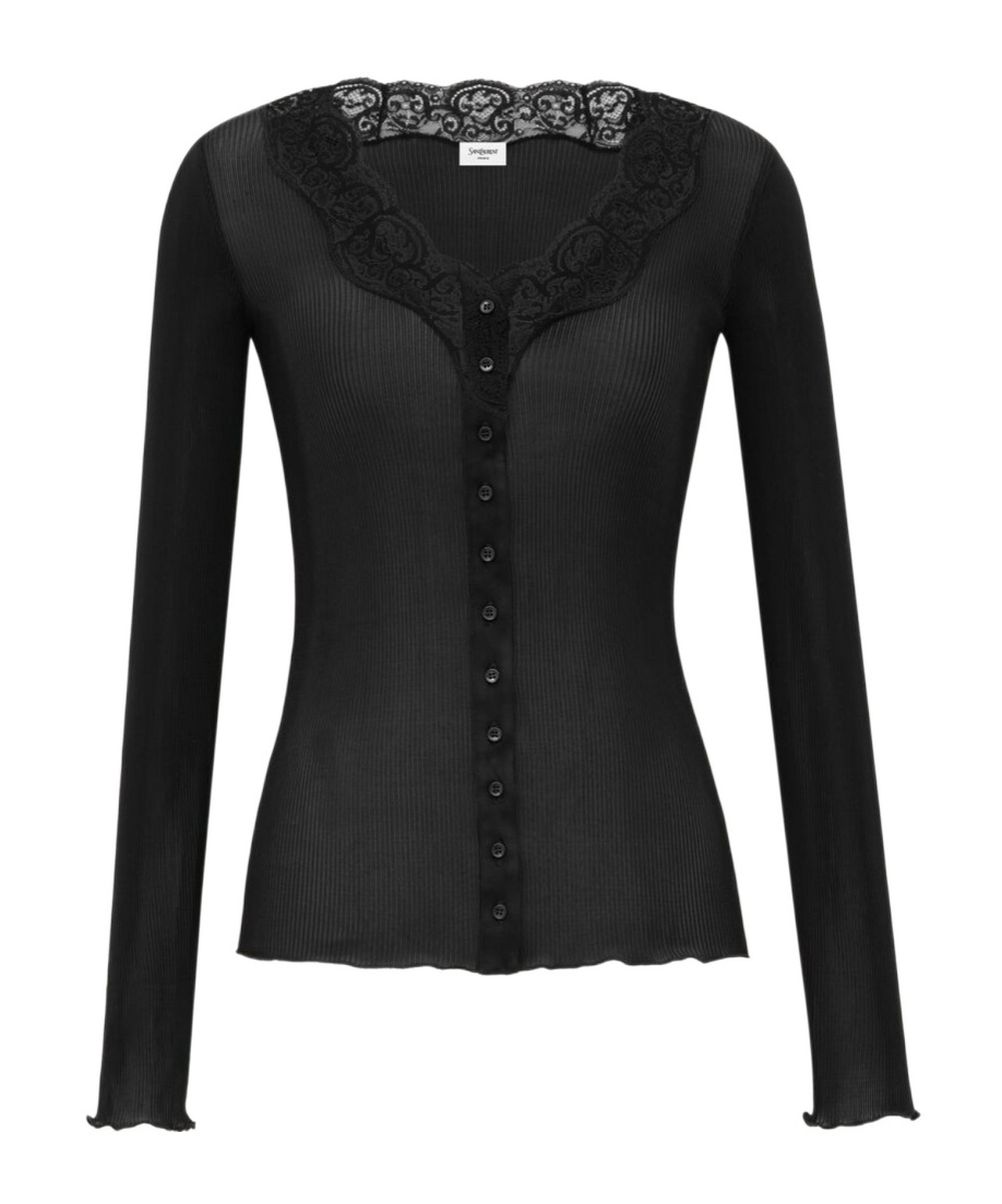 Saint Laurent Laced Cardigan In Ribbed Silk In Black