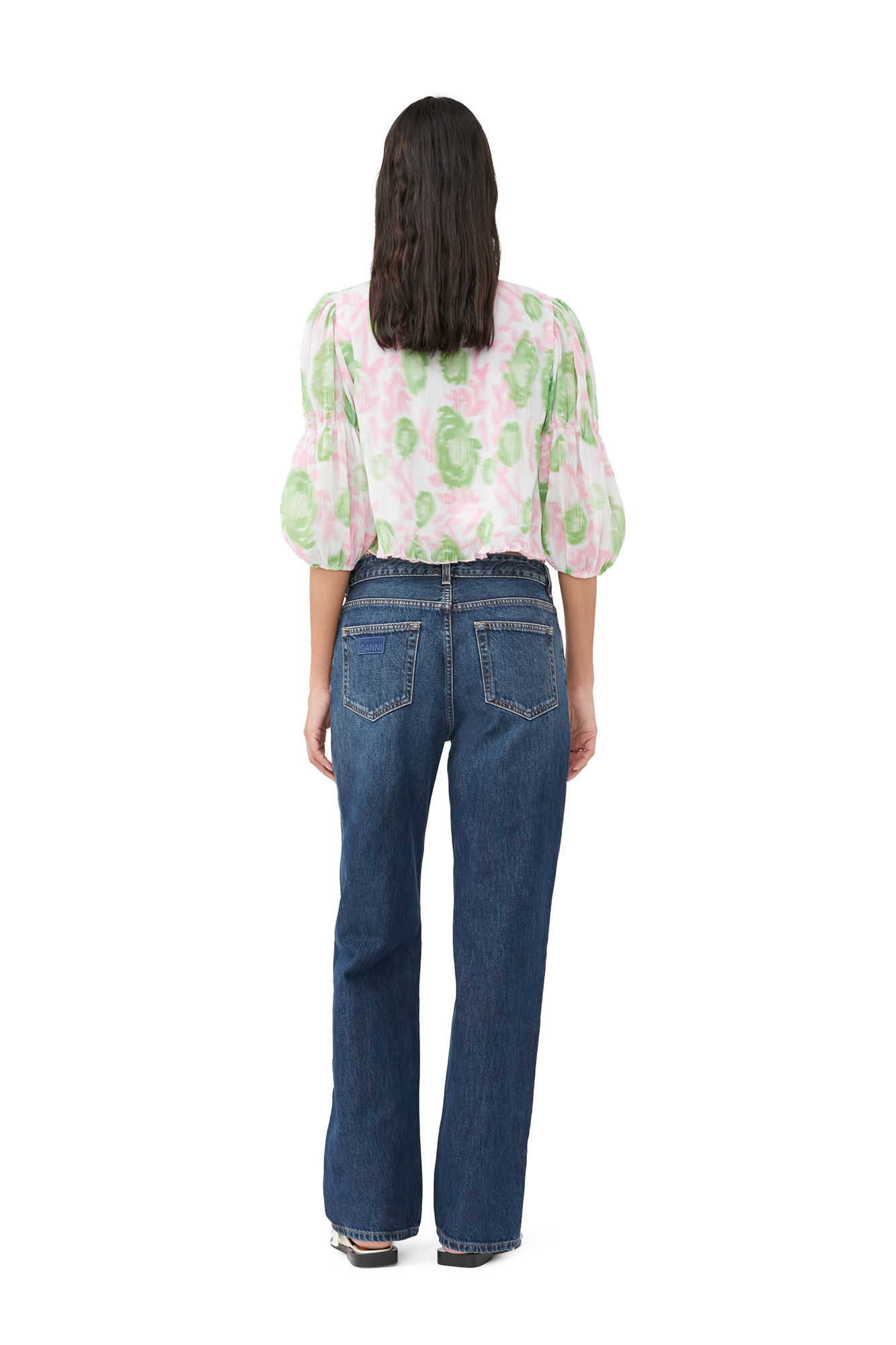 Ganni Short Sleeve Pleated Georgette U-neck Blouse In Pink