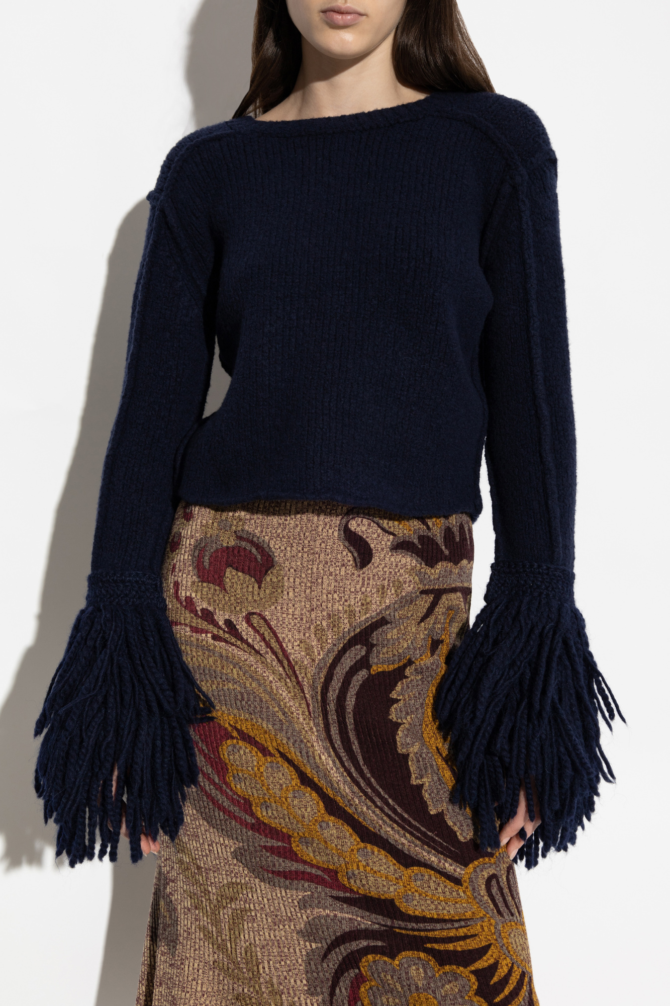 Etro Sweater With Fringes On The Sleeves In Blue