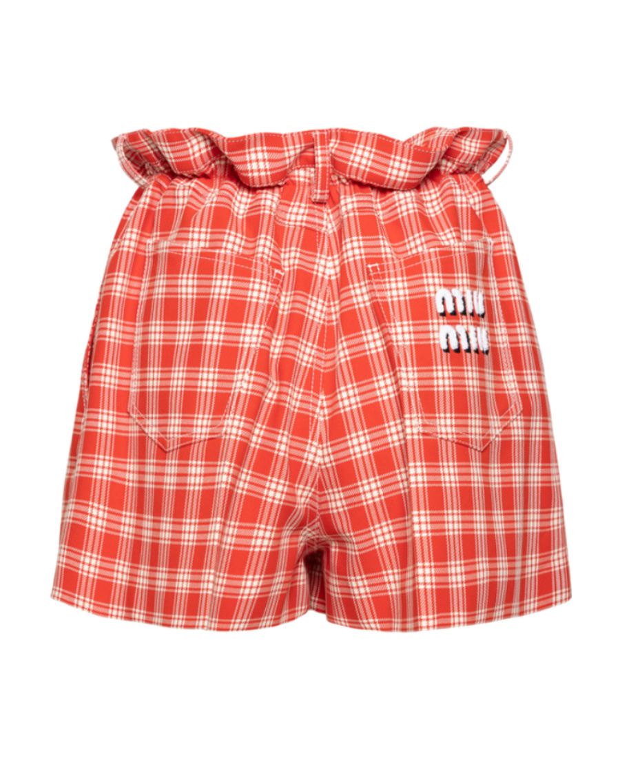 Miu Miu Paperbag-waist Checked Shorts In Pink