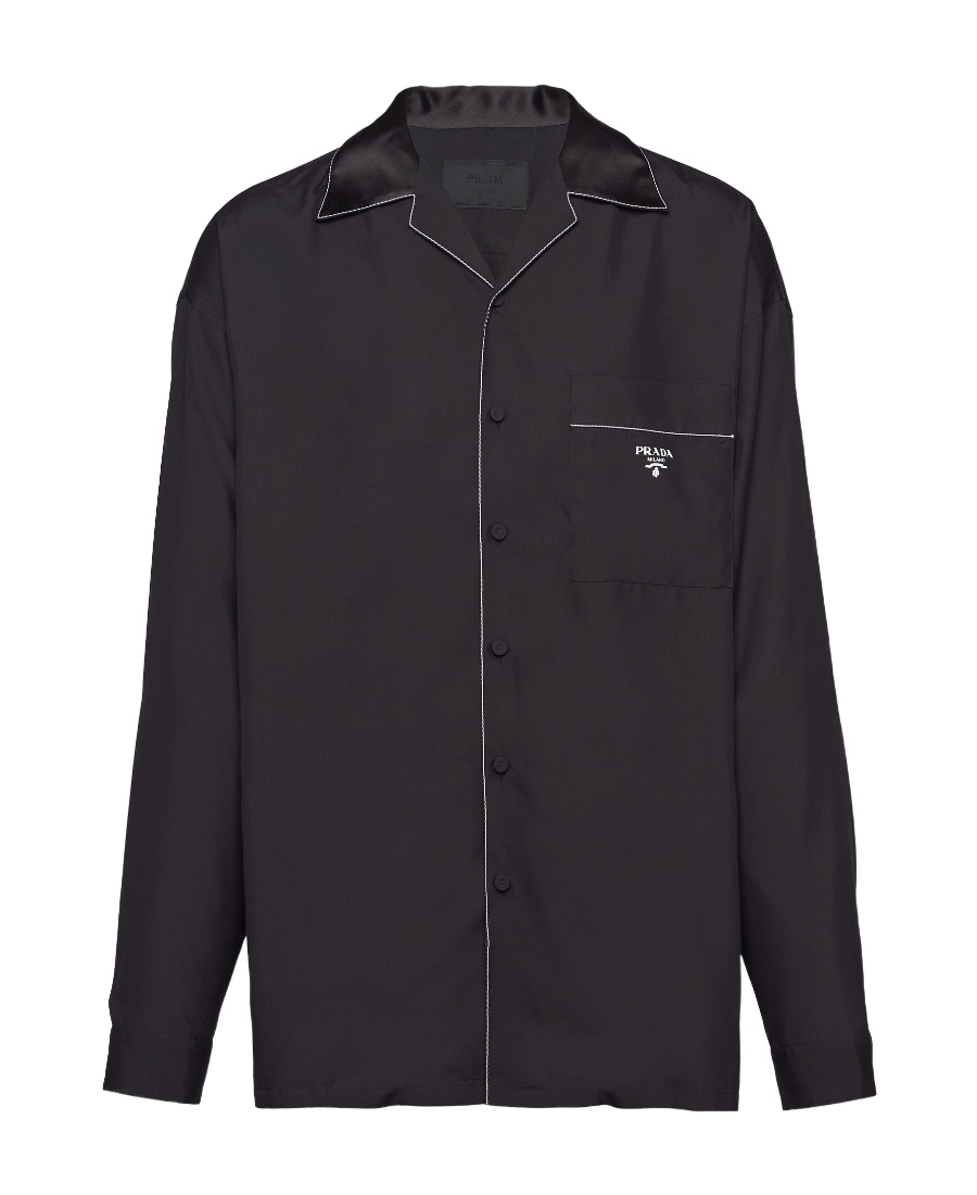 Prada Contrast-trim Silk Pajama Shirt In Black